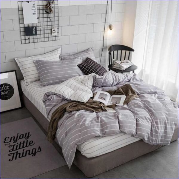 Housse de Couette Rayée Gris et Blanc