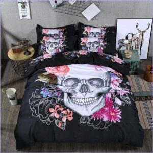 housse de couette tête de mort crane et fleurs