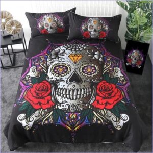 housse de couette tête de mort mexicaine et roses