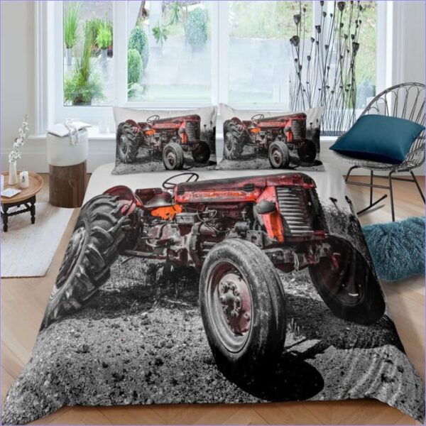 housse de couette tracteur rouge vintage